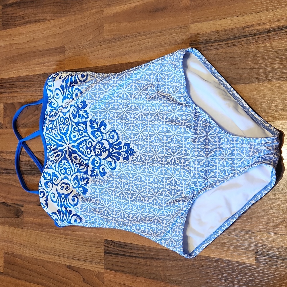 Liz Claiborne Blue & White Print Maillot One Piece Swimsuit, Size 12